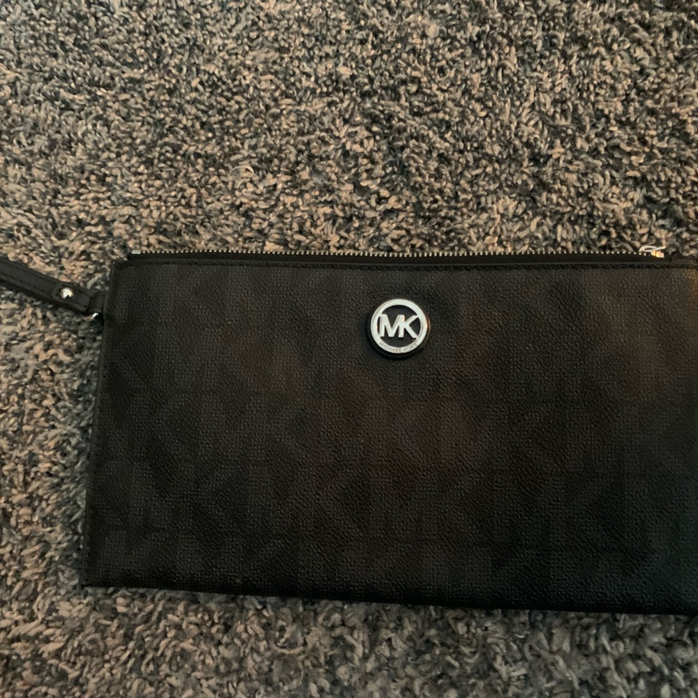 Michael Kors Black Leather Wristlet with Silver MK Emblem